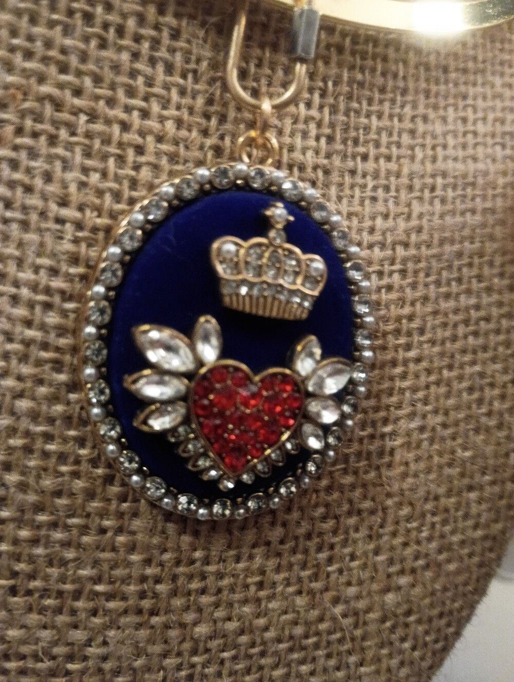 Rhinestone Bejeweled Crown Heart Wings Pendant On Necklace